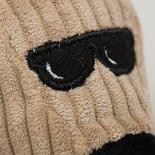 Close up of black embroidered sunglasses on reindeer head.