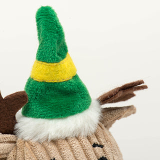 Close up of reindeer head's elf hat to show fabric textures.
