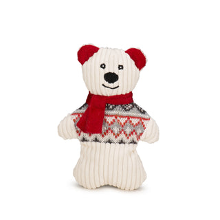 White corduroy polar bear plush cookie with gray nordic print sweater, red scarf and inner ears, and black embroidered facial details.