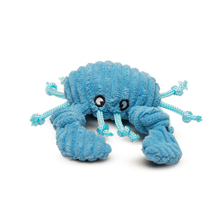Blue corduroy crab with two knotted claws, eight string legs and two string antennae.