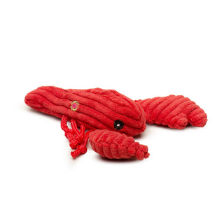 Red corduroy lobster with eight string legs.