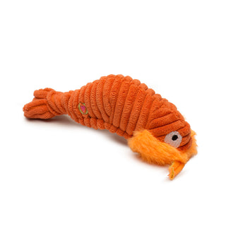 Orange corduroy shrimp with knotted tail, and furry mouth and feelers.