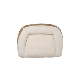 Top down view of khaki bolster bed to show basic shape.