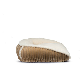 Side view of khaki bed showing corduroy fabric and details.