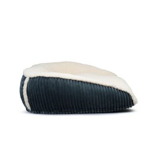 Side view of steel blue bed showing corduroy fabric and details.