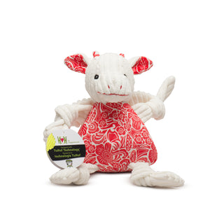 Lucky dragon plush dog toy with white knotted corduroy limbs, white corduroy head and wings, red and white floral fabric on body, inner ears, and horns, black embroidered eyes, and red embroidered nostrils and mouth. Size large.