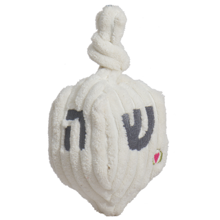 Single large Oh Dreidel Plush toy in white with knotted top and gray embroidered letters.