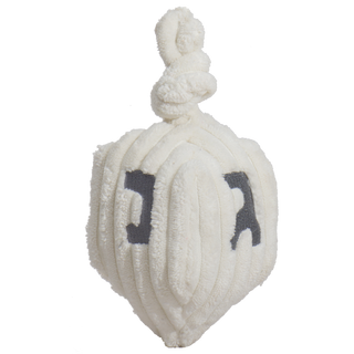 Single large Oh Dreidel Plush toy in white with knotted top and gray embroidered letters.