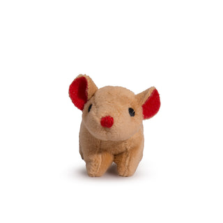 Mouse shaped, catnip stuffed cat toy: has light-brown fur, black eyes, red nose, and red inner-ear.