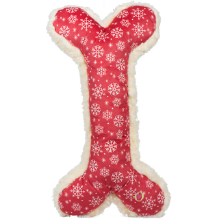2ft holiday themed plush done dog toys: red with white snowflake fabric on the front, natural colored HuggleFleece® on the back with squeaker.
