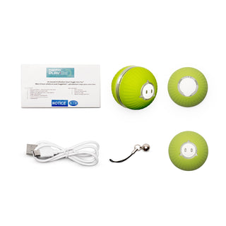 What is included with the PlayKat™ interactive ball cat toy: user manual, PlayKat™ ball with motor, replacement shell, USBC charging cord, and detachable bell on string.