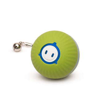 Lime green interactive, electronic ball cat toy with detachable bell on string to resemble prey tail in "mellow" play mode with blue light.