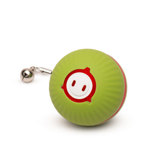 Lime green interactive, electronic ball cat toy with detachable bell on string to resemble prey tail on "active" play mode with red light.