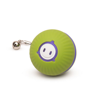 Lime green interactive, electronic ball cat toy with detachable bell on string to resemble prey tail on "simple" play mode with purple light.