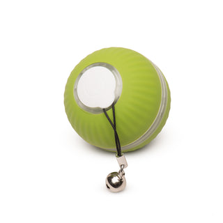 Lime green interactive, electronic ball cat toy with detachable bell on string to resemble prey tail and soft white on/off/mode button that hide charging port inside.