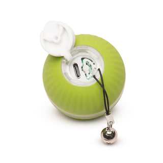 Showing soft white on/off/mode button opened up to reveal charging port and hook to attach detachable bell on string.