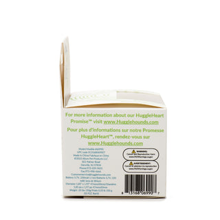 Side view of packaging with warnings, company and product information, and text reading "For more information about our HuggleHeart Promise™ visit www.Hugglehounds.com"