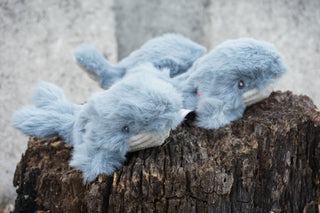 Set of three tiny whale plush dog toy designed for pint-sized pups with gray fuzzy faux-fur body, knotted tail, embroidered brown and black eyes, and white corduroy belly sitting on stump.