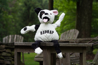 Jonny Justice durable plush corduroy dog toy sitting on wooden table.