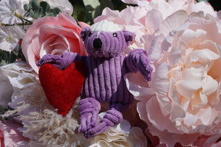 The picture is a lifestyle shot featuring the purple corduroy skunk and plush red heart. They are surrounded by soft pink flowers. The sun is shining.
