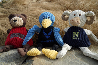 Group of three University Mascot durable plush corduroy dog toys: Brown, Air Force, and Navy..