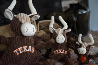 Set of three sizes of Texas Longhorn durable plush corduroy dog toys: large, small, and wee sizes.