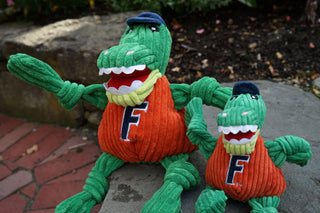 Set of two University of Florida Albert Gator durable plush dog toys sitting on rock: has green skin, has on a dark blue cap, black eyes, white pupils, plush-out mouth with white teeth, red mouth , light green jaw, has on a orange shirt with the university logo, and is squeaky with knotted limbs
