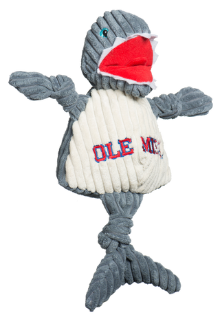 University of Mississippi Tony land shark mascot durable plush corduroy dog toy with grey body, three knotted grey fins, wide open red mouth with white teeth, and white belly with university logo embroidered on chest. Size small.