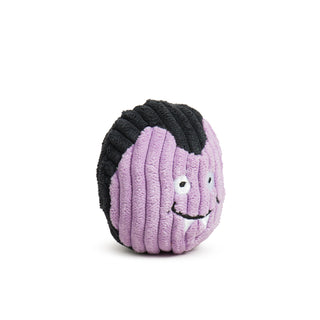 Purple vampire-themed cat toy ball with embroidered smile and fangs