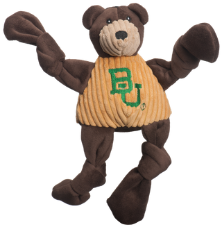 Baylor University Bruiser the brown bear mascot durable plush corduroy dog toy with knotted limbs wearing gold shirt with Baylor University logo on the front. Size small.