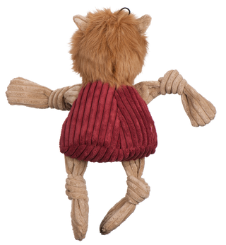 Back of Texas A&M University Reveille tan collie durable plush corduroy dog toy with knotted limbs with furry mane, and wearing maroon shirt.