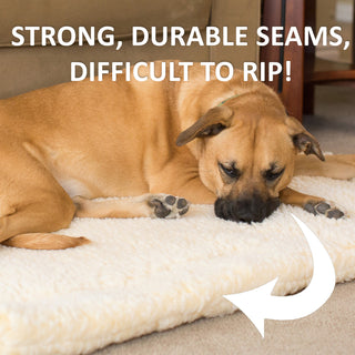 Dog sleeping on HuggleFleece® dog/cat mat with text "Strong, durable seams, difficult to rip apart!"