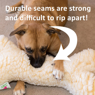 Dog biting HuggleFleece® toy with text that reads "Durable seams are strong and difficult to rip apart!"
