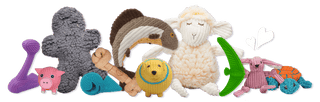 Collection of all huggleHounds types of toys, including our toughest Tuffut and Ruff-Tex to a softest Knotties and plush