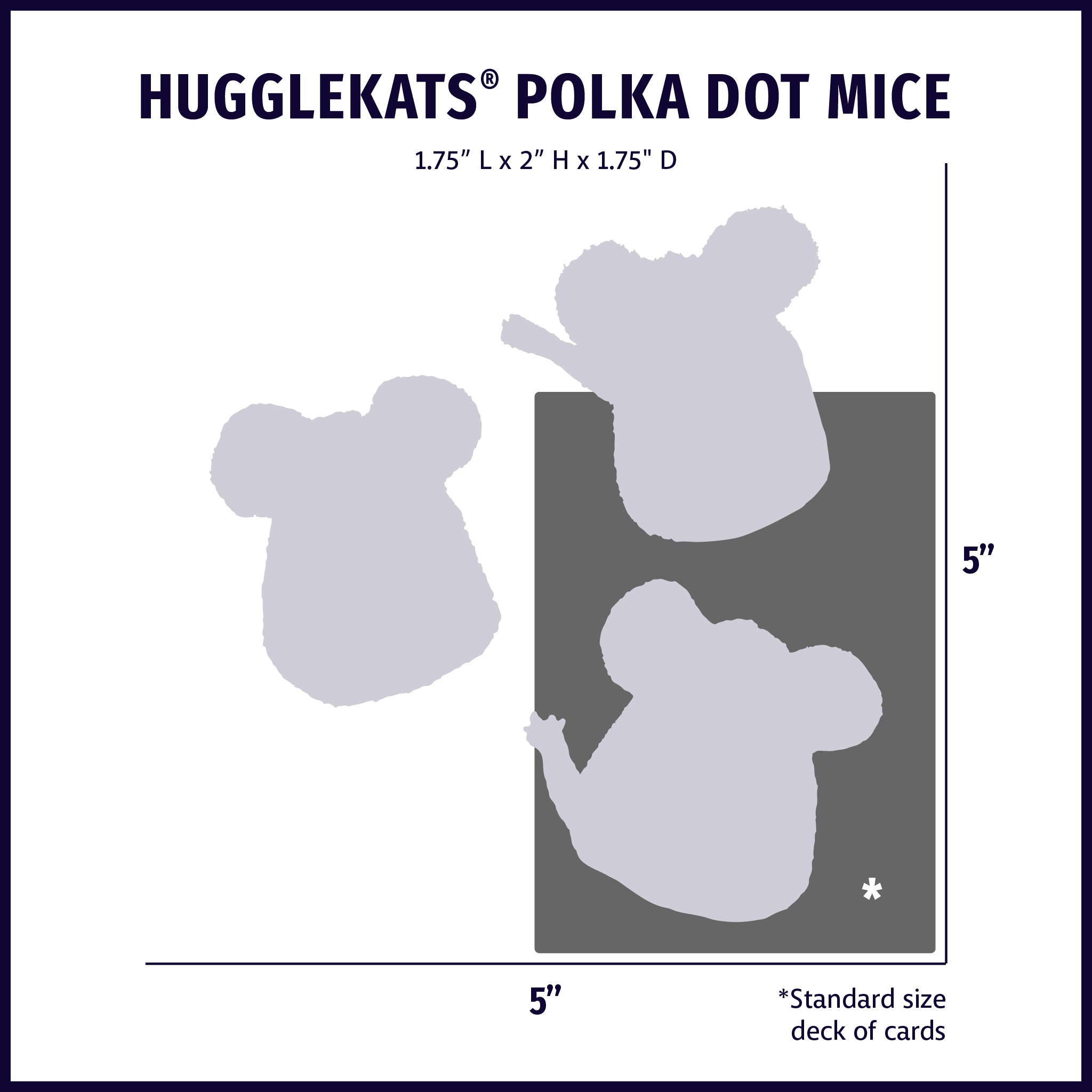 Size chart displaying HuggleKats® Polka Dot Mice plush cat toys silhouettes with approximate dimensions compared to standard size deck of cards.