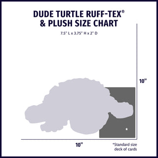 Size chart displaying Dude Turtle HuggleFusion® plush and latex dog toy silhouette with approximate dimensions compared to standard size deck of cards.