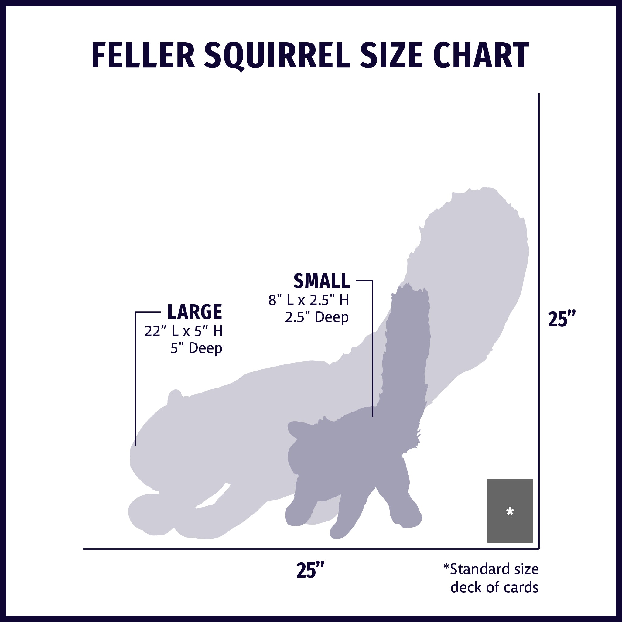 Size chart displaying Feller Squirrel plush dog toys silhouettes in small and large with approximate dimensions of each size compared to standard size deck of cards.