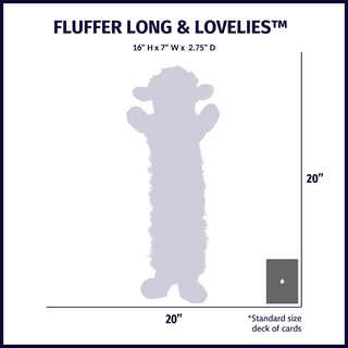 Size chart displaying Fluffer Long & Lovelie™ plush dog toy silhouette with approximate dimensions compared to standard size deck of cards.
