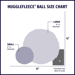 Size chart displaying HuggleFleece® plush ball dog toys silhouettes in small and large with approximate dimensions of each size compared to standard size deck of cards.