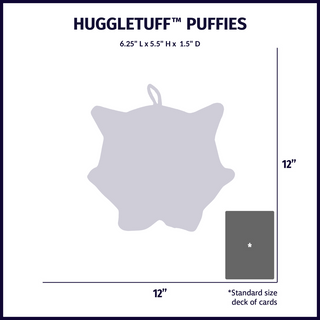 Size chart displaying HuggleTuff™ Puffies plush dog toy silhouettes with approximate dimensions compared to standard size deck of cards.