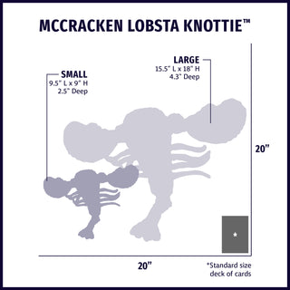 Size chart displaying McCracken Lobsta™ Knottie® plush dog toy silhouettes in small and large with approximate dimensions of each size compared to standard size deck of cards.