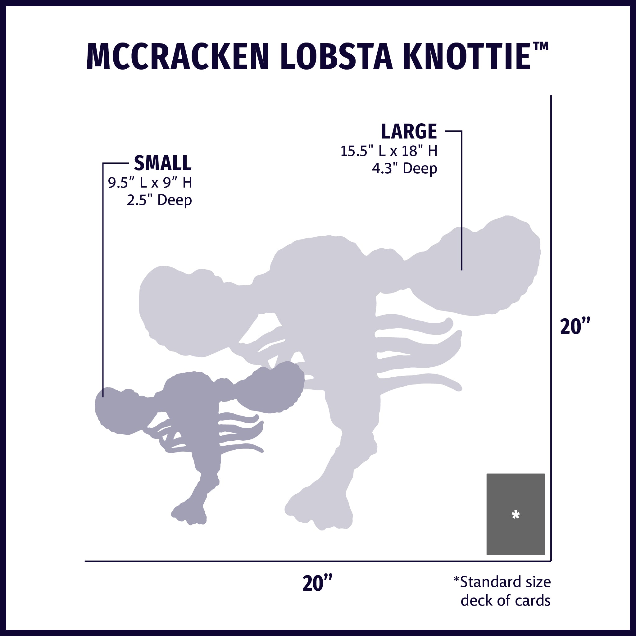 Size chart displaying McCracken Lobsta™ Knottie® plush dog toy silhouettes in small and large with approximate dimensions of each size compared to standard size deck of cards.