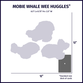 Size chart displaying Mobie Wee HugglesÂź plush dog toy silhouettes with approximate dimensions compared to standard size deck of cards.
