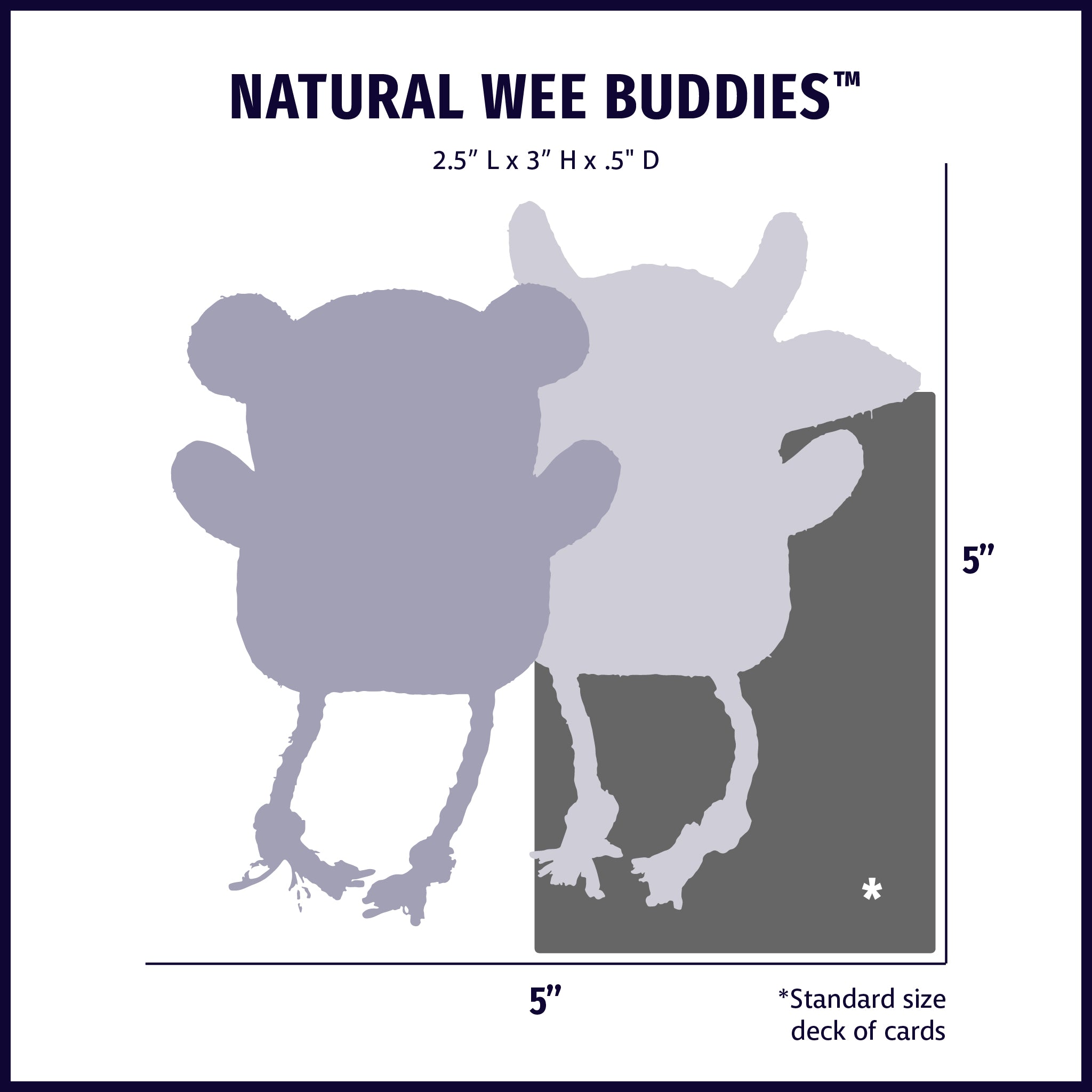Size chart displaying Natural Wee Buddies® dog toy silhouettes with approximate dimensions compared to standard size deck of cards.