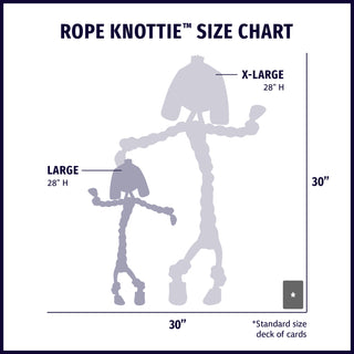 Size chart displaying natural rope Knottie® dog toy silhouettes in large and xl with approximate dimensions of each size compared to standard size deck of cards.