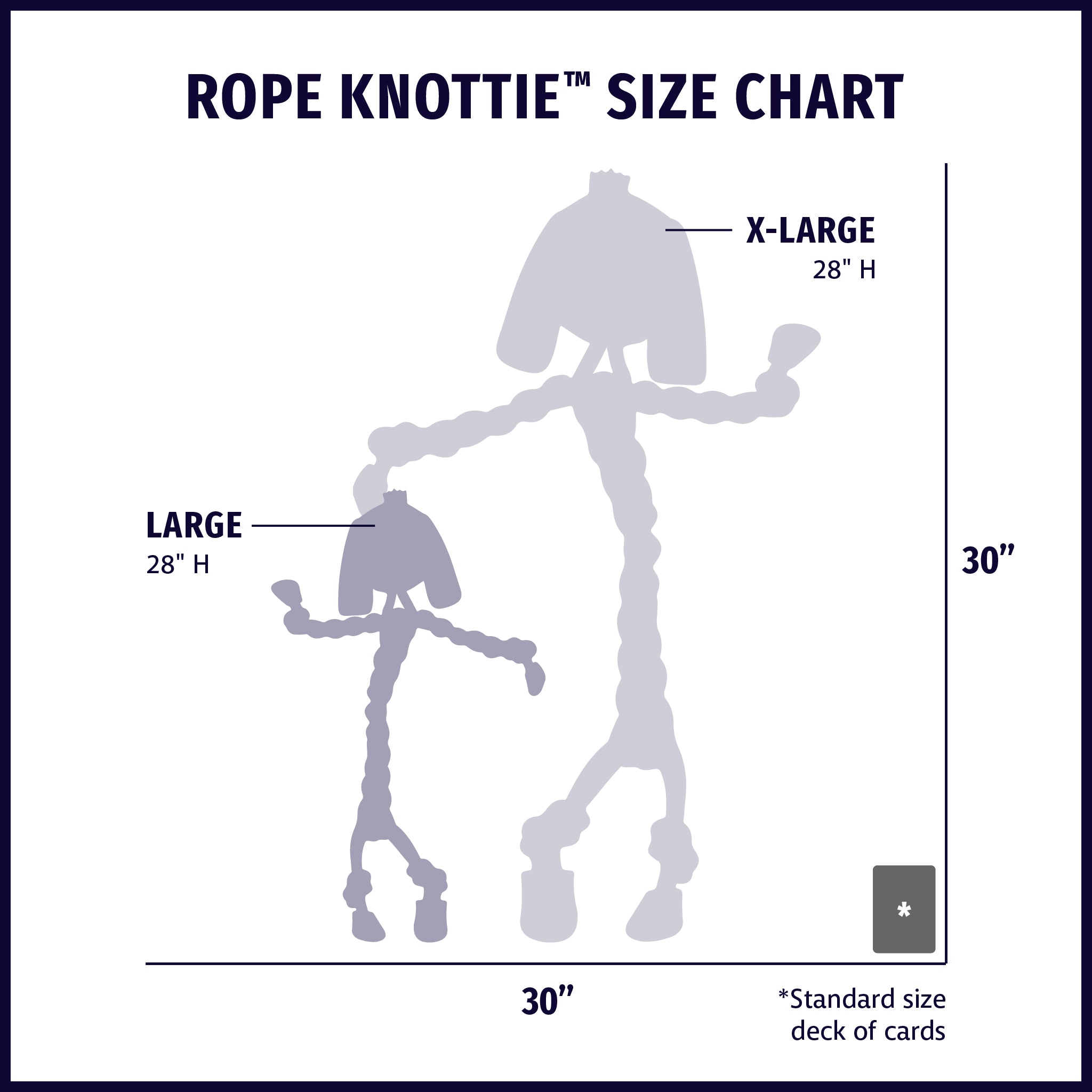 Size chart displaying Natural Rope Knotties® dog toy silhouettes in large and x-large with approximate dimensions of each size compared to standard size deck of cards.