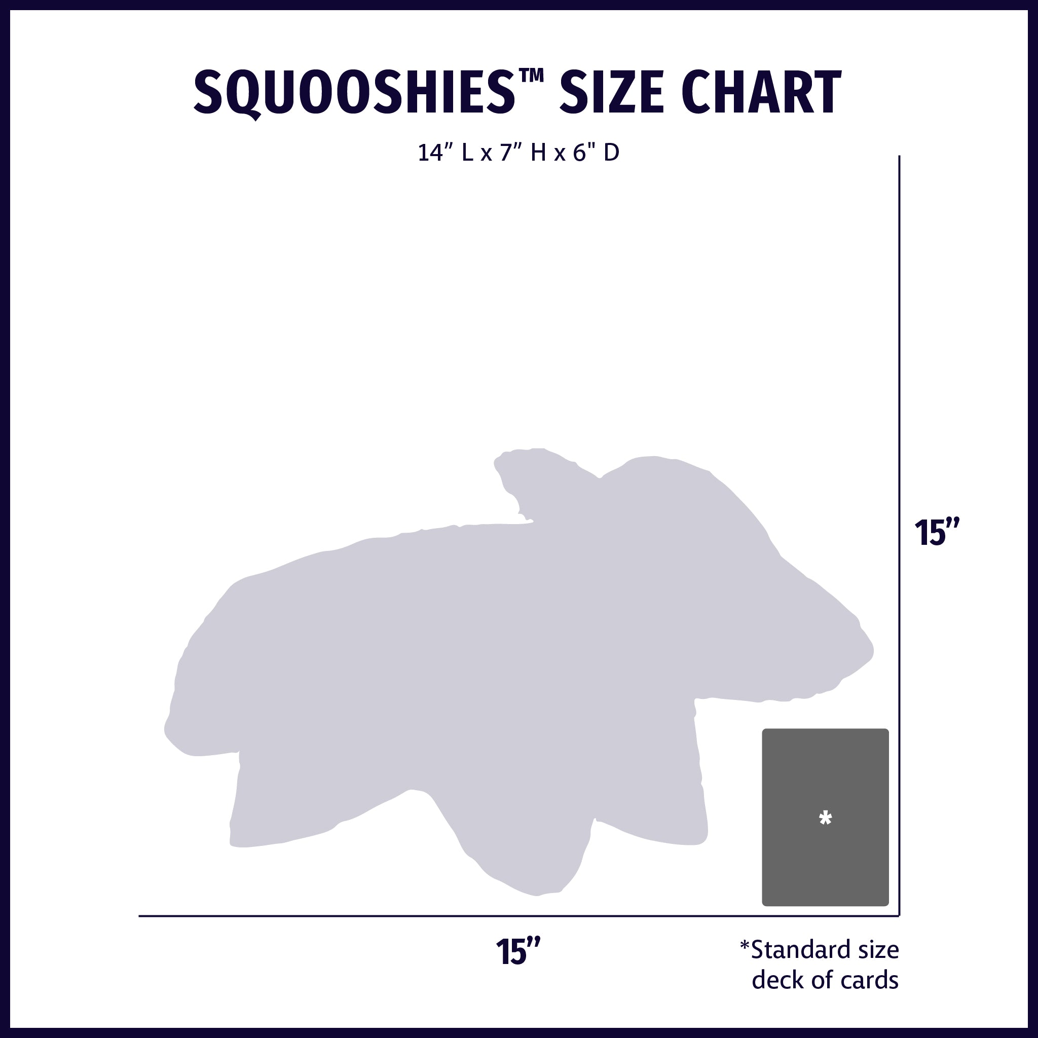 Size chart displaying Squooshies™ plush dog toy silhouette with approximate dimensions compared to standard size deck of cards.