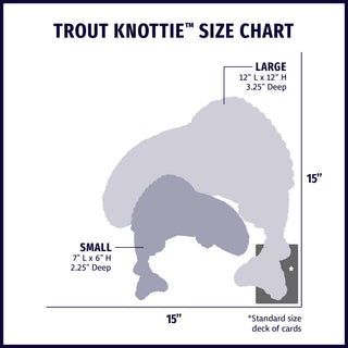 Image of size chart demonstrating the size comparison of the rainbow trout plush dog toy compared to a standard deck of cards.