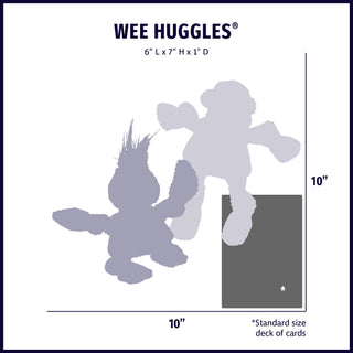 Size chart displaying Wee HuggleÂź plush dog toy silhouettes with approximate dimensions compared to standard size deck of cards.