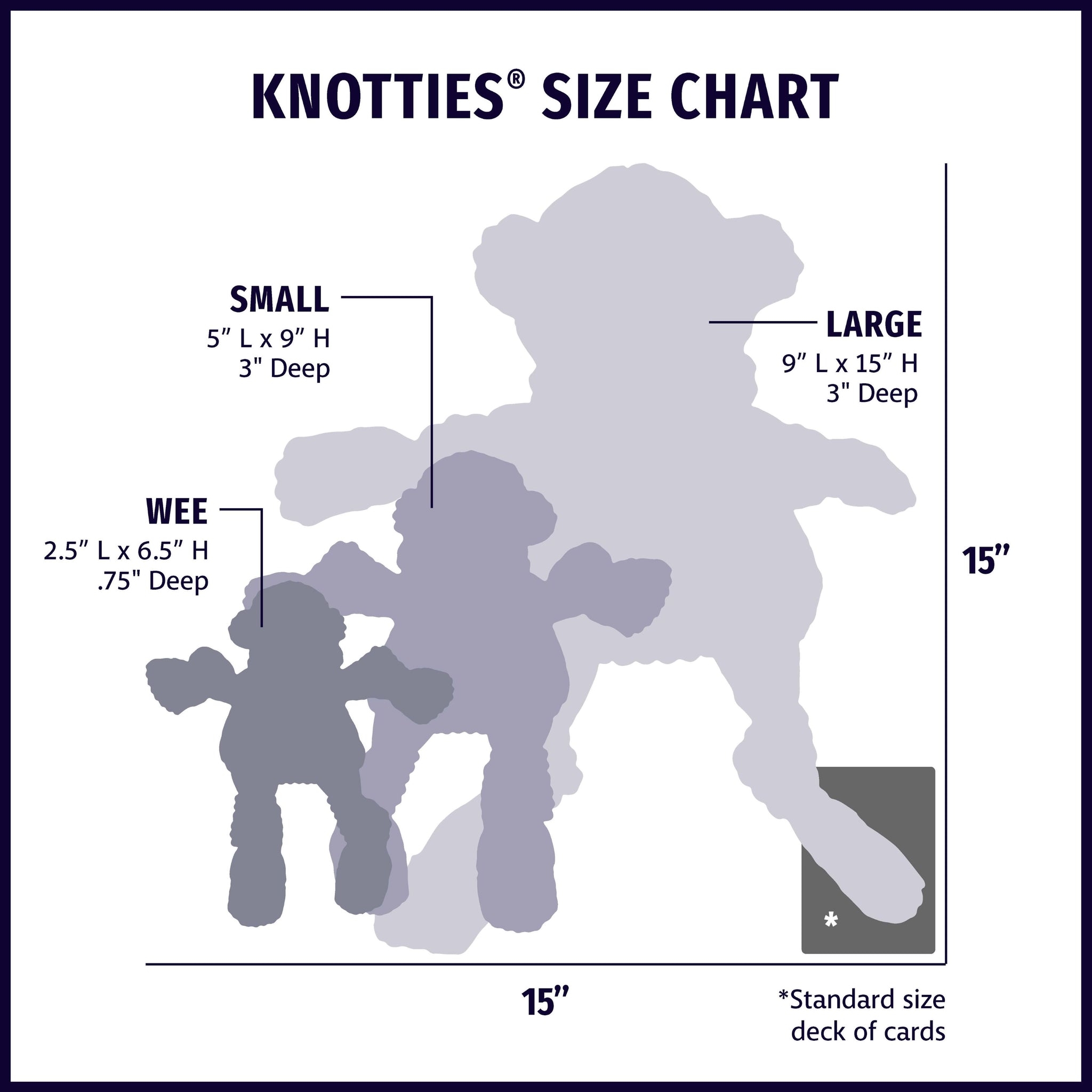 Size chart displaying Knottie® plush dog toy silhouettes in wee, small, and large with approximate dimensions of each size compared to standard size deck of cards.